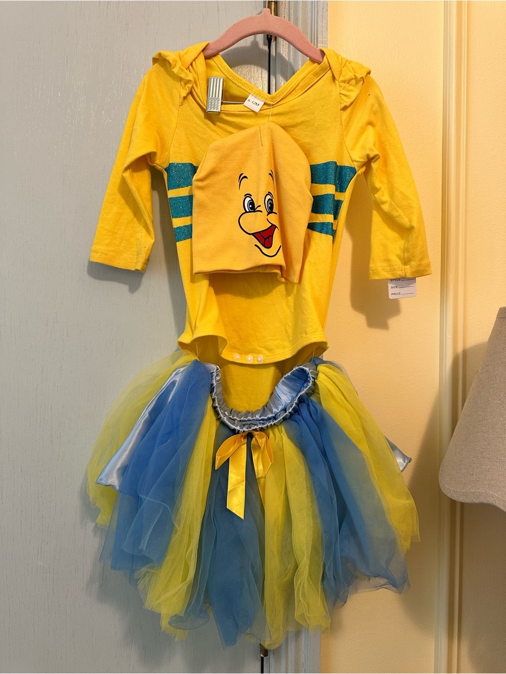 The Little Mermaid “Flounder” Baby Costume Set with Onesie, Tutu and Beanie Hat